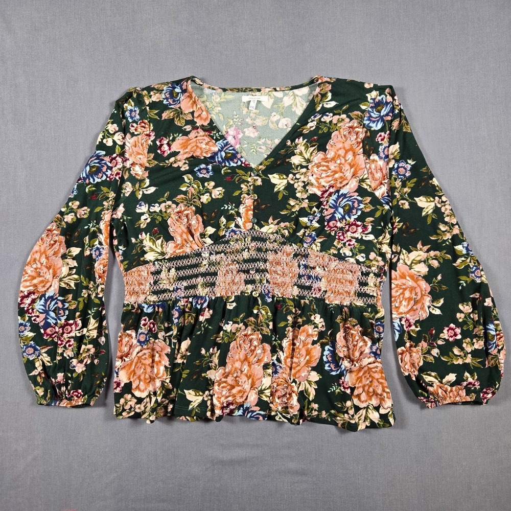 Maurices Plus XXL Floral Peplum Blouse Green Pink Smocked Waist Boho‎ V-Neck Top
